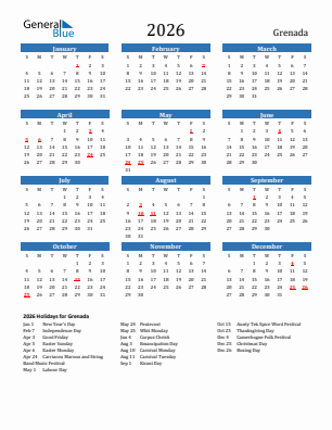 Grenada current year calendar 2026 with holidays