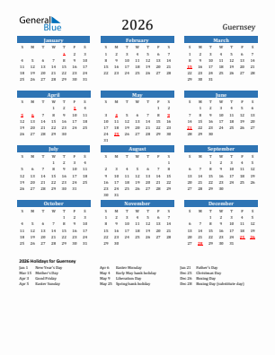 Guernsey current year calendar 2026 with holidays