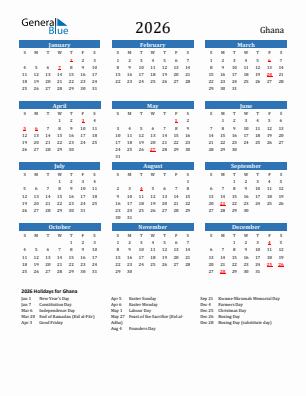 Ghana current year calendar 2026 with holidays