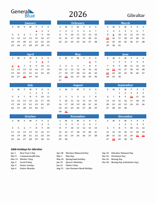 Gibraltar current year calendar 2026 with holidays