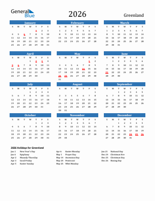 Greenland current year calendar 2026 with holidays