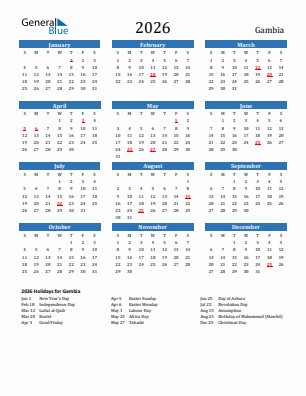 Gambia current year calendar 2026 with holidays