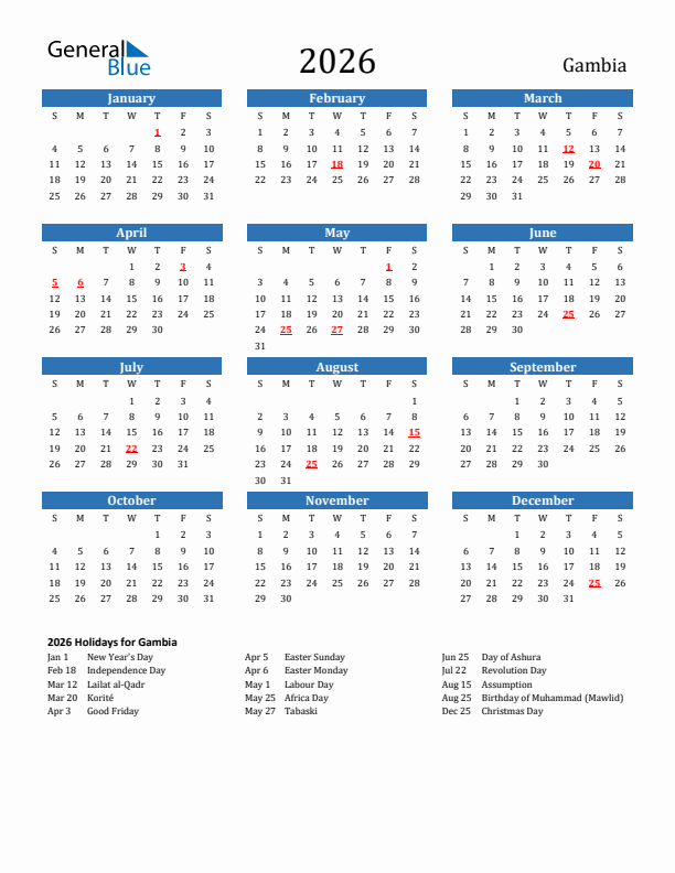 Gambia 2026 Calendar with Holidays