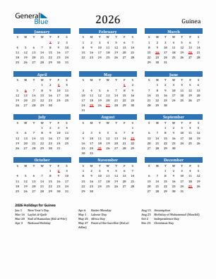 Guinea current year calendar 2026 with holidays