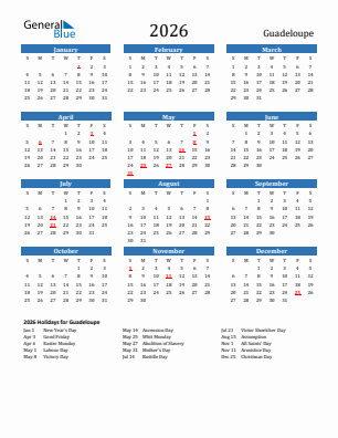 Guadeloupe current year calendar 2026 with holidays