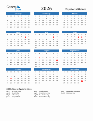 Equatorial Guinea current year calendar 2026 with holidays