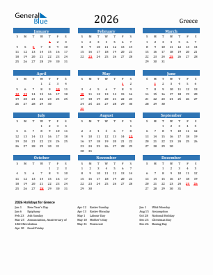 Greece current year calendar 2026 with holidays