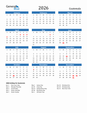 Guatemala current year calendar 2026 with holidays