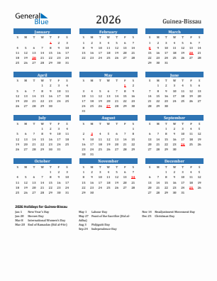 Guinea-Bissau current year calendar 2026 with holidays