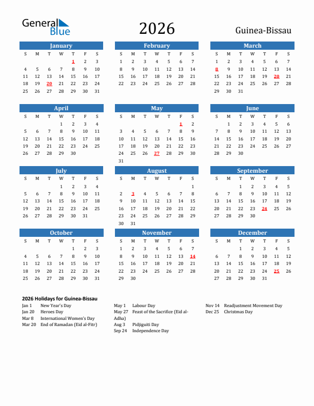 Guinea-Bissau 2026 Calendar with Holidays