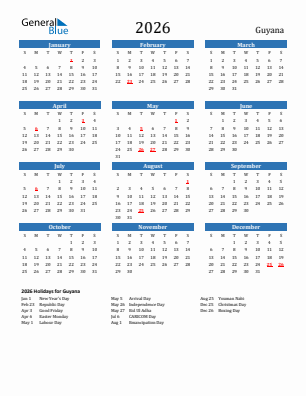 Guyana current year calendar 2026 with holidays