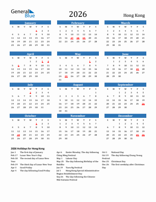 Hong Kong current year calendar 2026 with holidays
