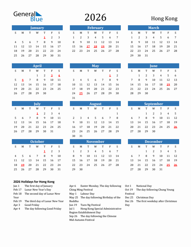 Hong Kong 2026 Calendar with Holidays