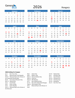 Hungary current year calendar 2026 with holidays