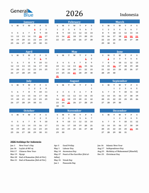 Indonesia current year calendar 2026 with holidays