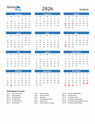 Ireland current year calendar 2026 with holidays