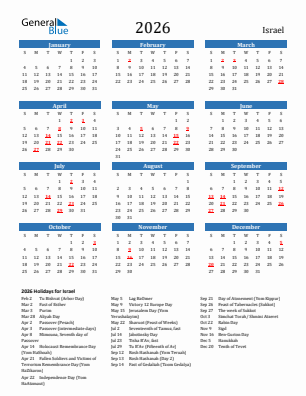 Israel current year calendar 2026 with holidays