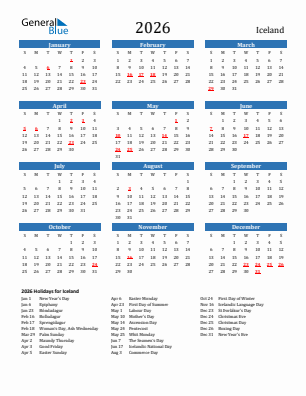 Iceland current year calendar 2026 with holidays