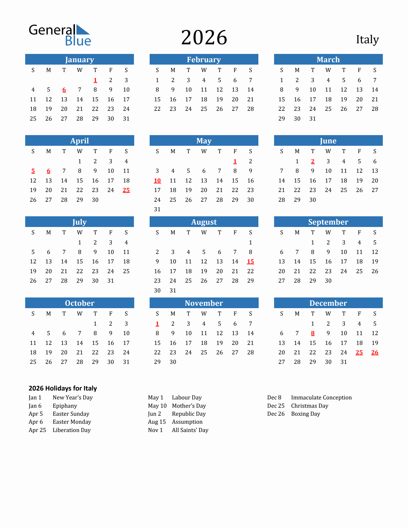 2026 yearly calendar with Italy holidays