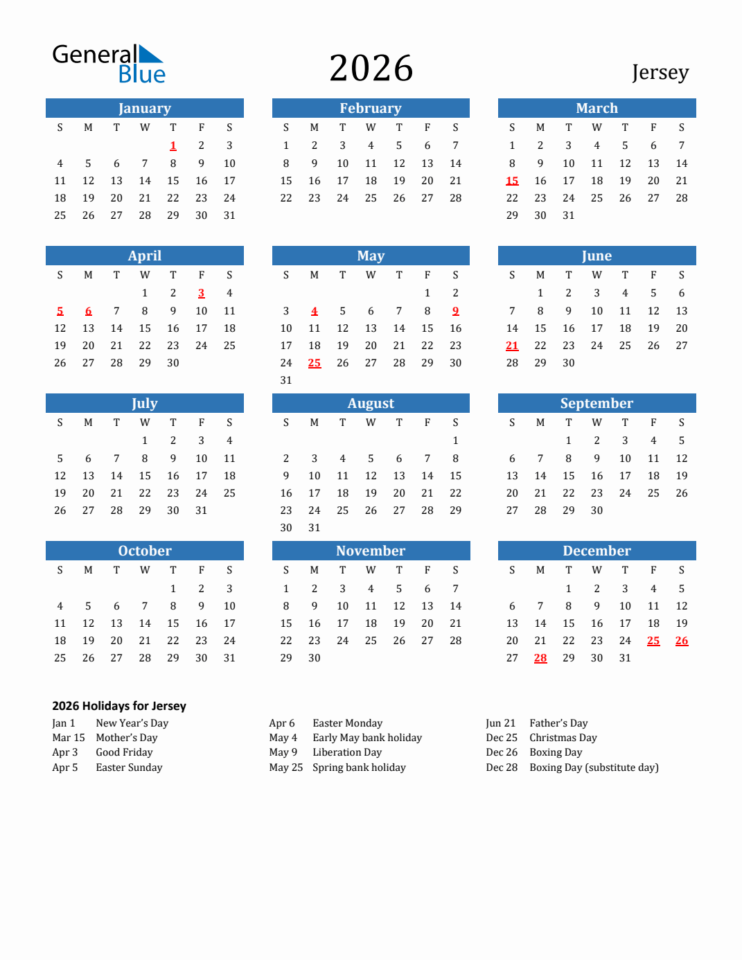 2026 Jersey Calendar with Holidays (Monday Start)