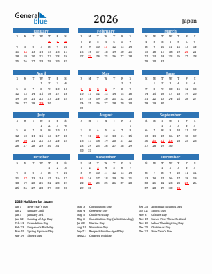 Japan current year calendar 2026 with holidays