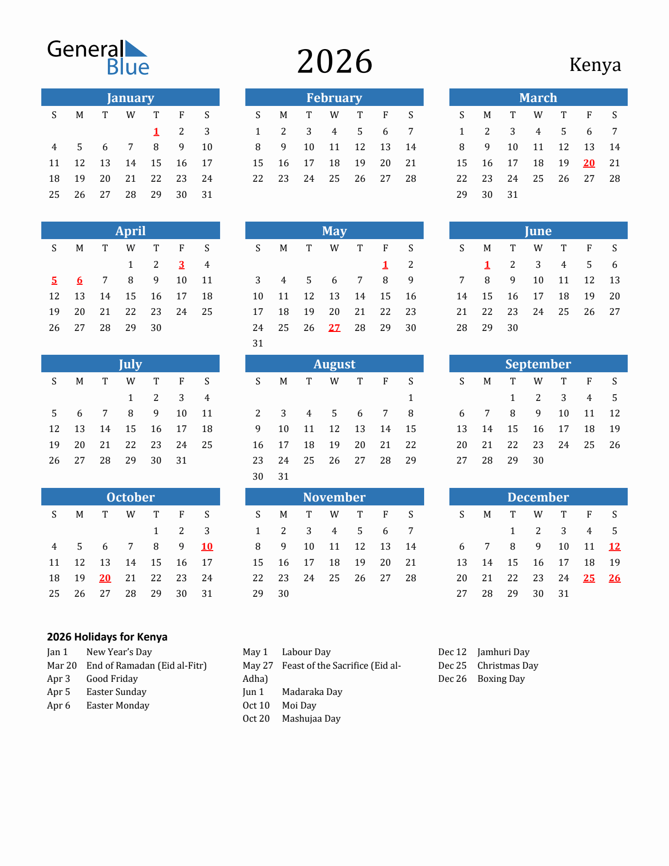 2026 yearly calendar with Kenya holidays