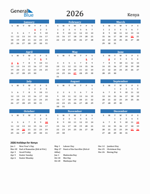 Kenya current year calendar 2026 with holidays