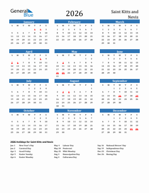 Saint Kitts and Nevis current year calendar 2026 with holidays