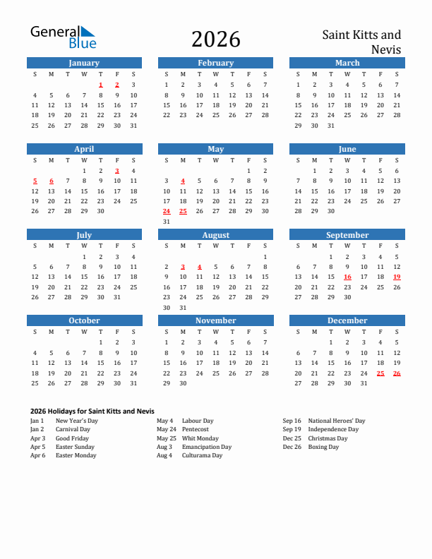 Saint Kitts and Nevis 2026 Calendar with Holidays