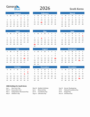 South Korea current year calendar 2026 with holidays