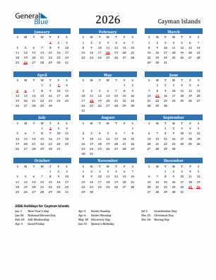 Cayman Islands current year calendar 2026 with holidays