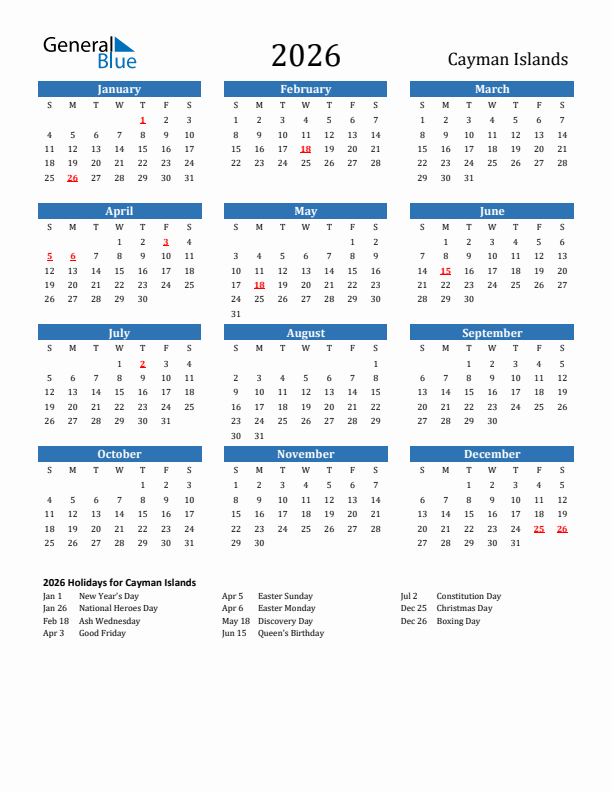 Cayman Islands 2026 Calendar with Holidays