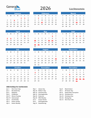 Liechtenstein current year calendar 2026 with holidays