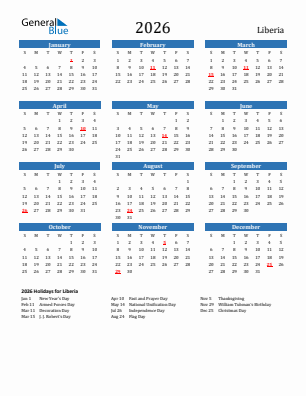 Liberia current year calendar 2026 with holidays
