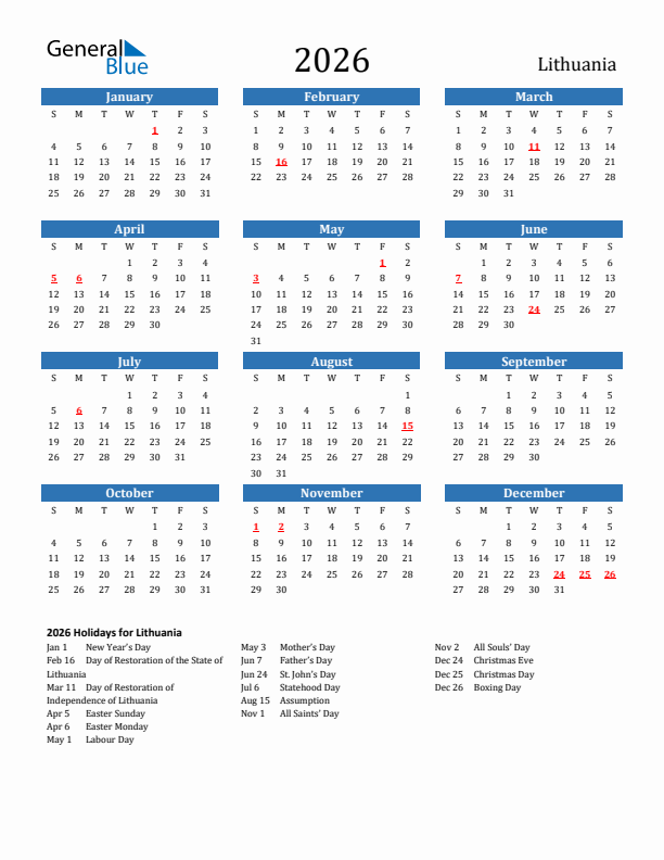 Lithuania 2026 Calendar with Holidays