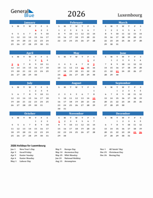 Luxembourg current year calendar 2026 with holidays