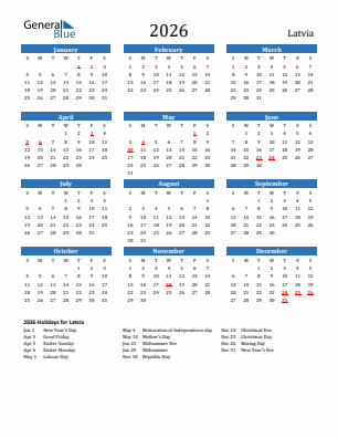 Latvia current year calendar 2026 with holidays