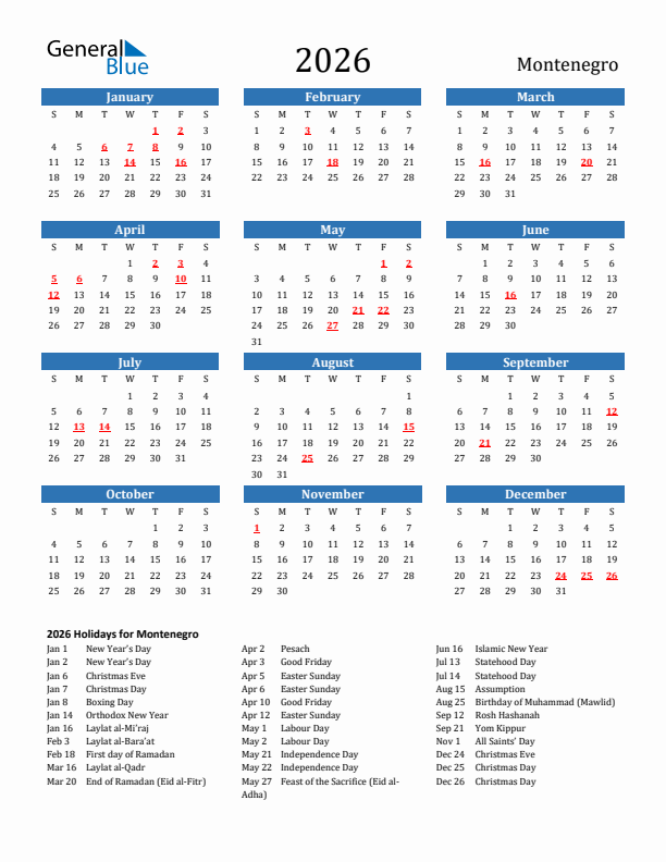 Montenegro 2026 Calendar with Holidays