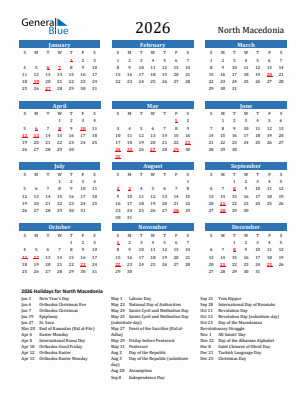 North Macedonia current year calendar 2026 with holidays