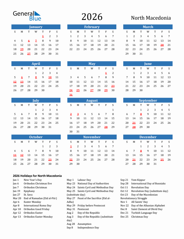 North Macedonia 2026 Calendar with Holidays