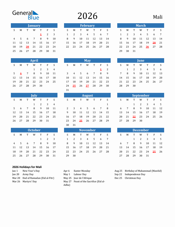 Mali 2026 Calendar with Holidays