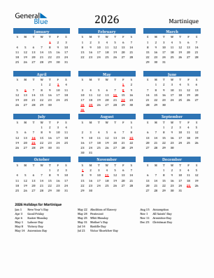 Martinique current year calendar 2026 with holidays