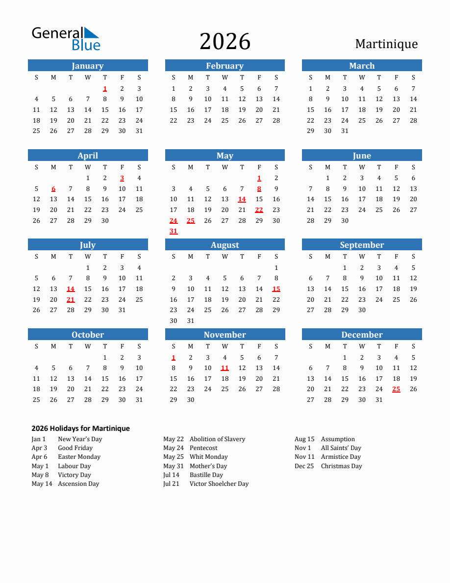 Martinique 2026 Calendar with Holidays