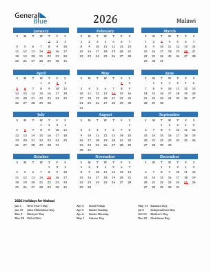 Malawi current year calendar 2026 with holidays