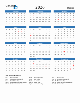 Mexico current year calendar 2026 with holidays
