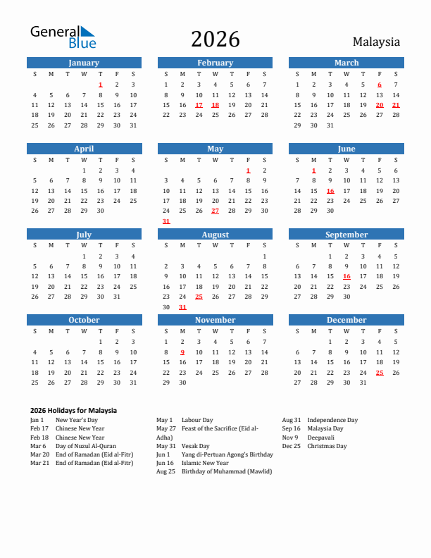 Malaysia 2026 Calendar with Holidays