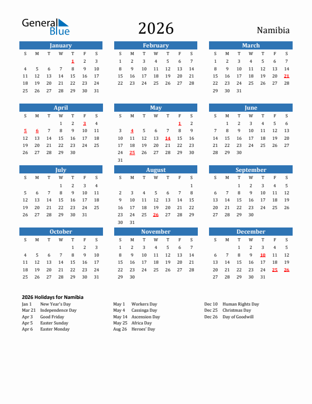 2026 Namibia Calendar With Holidays