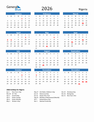 Nigeria current year calendar 2026 with holidays