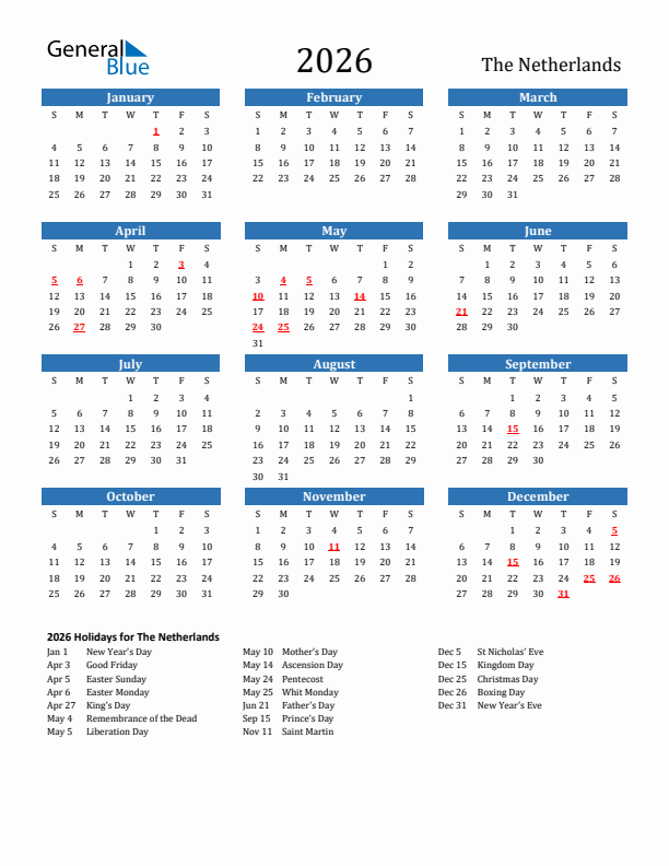 The Netherlands 2026 Calendar With Holidays The Netherlands 2026 Calendar With Holidays