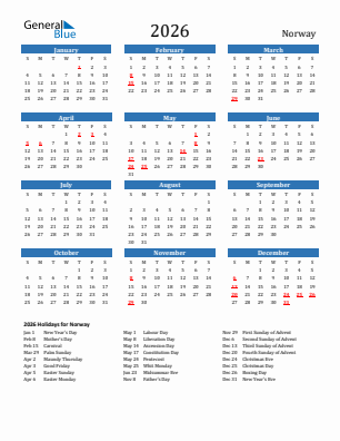 Norway current year calendar 2026 with holidays